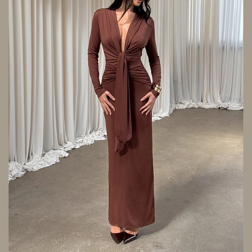 Chocolate Brown Deep V Neck Tie Front Ruched Long Sleeve Maxi Dress